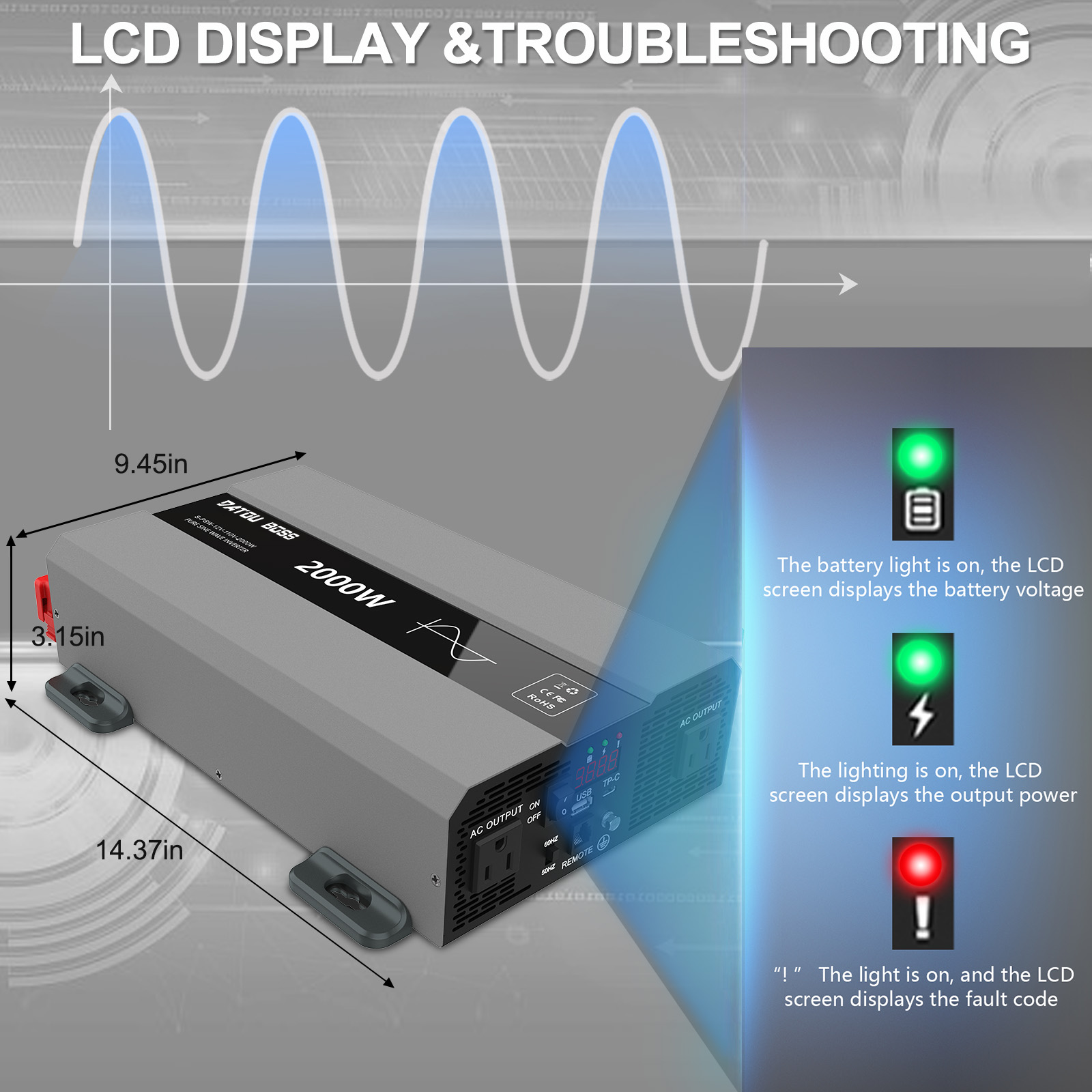 DATOUBOSS 2000W Pure Sine Wave Inverter, Car Power Inverter 12V to 120V AC Converter for RV, Truck, Solar, OutdoorL, Home with Dual AC and 20A Socket, 5V 2.1A USB, PD, Peak Surge 4000W, Remote Controller