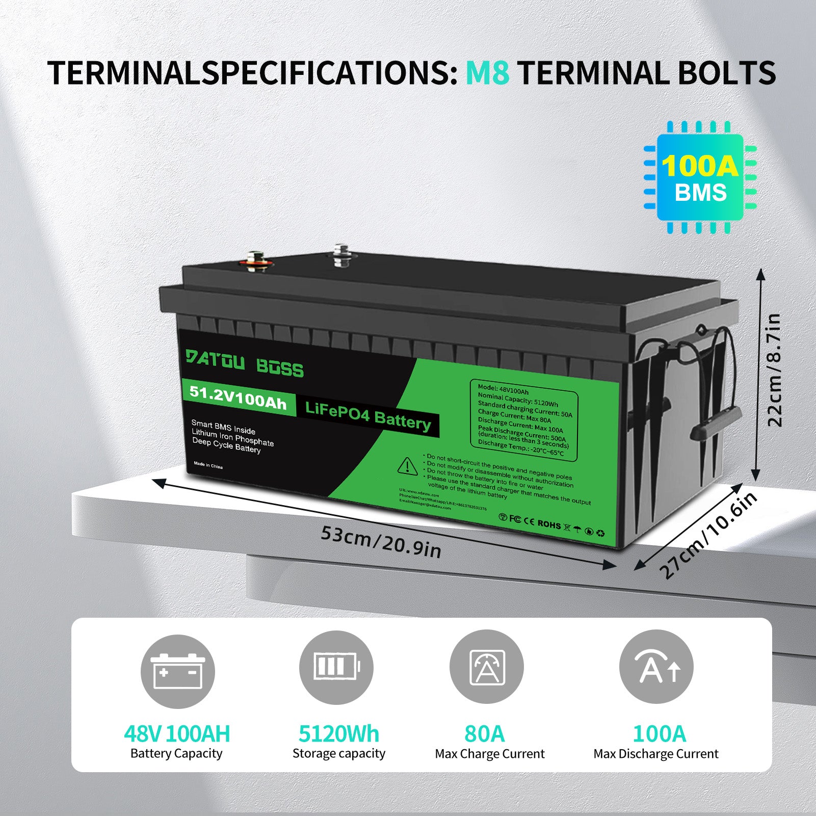 DATOUBOSS 48V 100Ah Lithium LiFePO4 Battery with 200A BMS Deep Cycle Battery for DIY RV Car Solar Home System