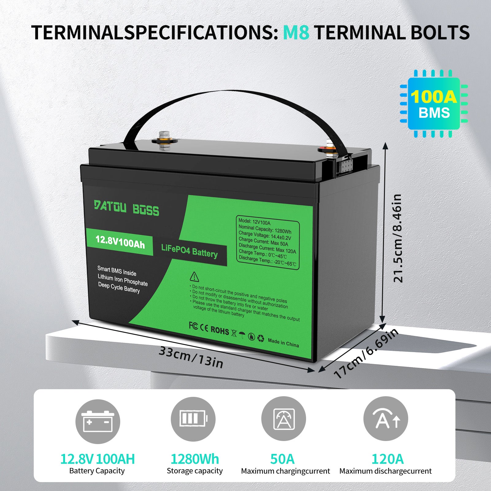 DATOUBOSS 12V 100Ah LiFePO4 Lithium Battery with 100A BMS Deep Cycle Battery for RV Solar Home System
