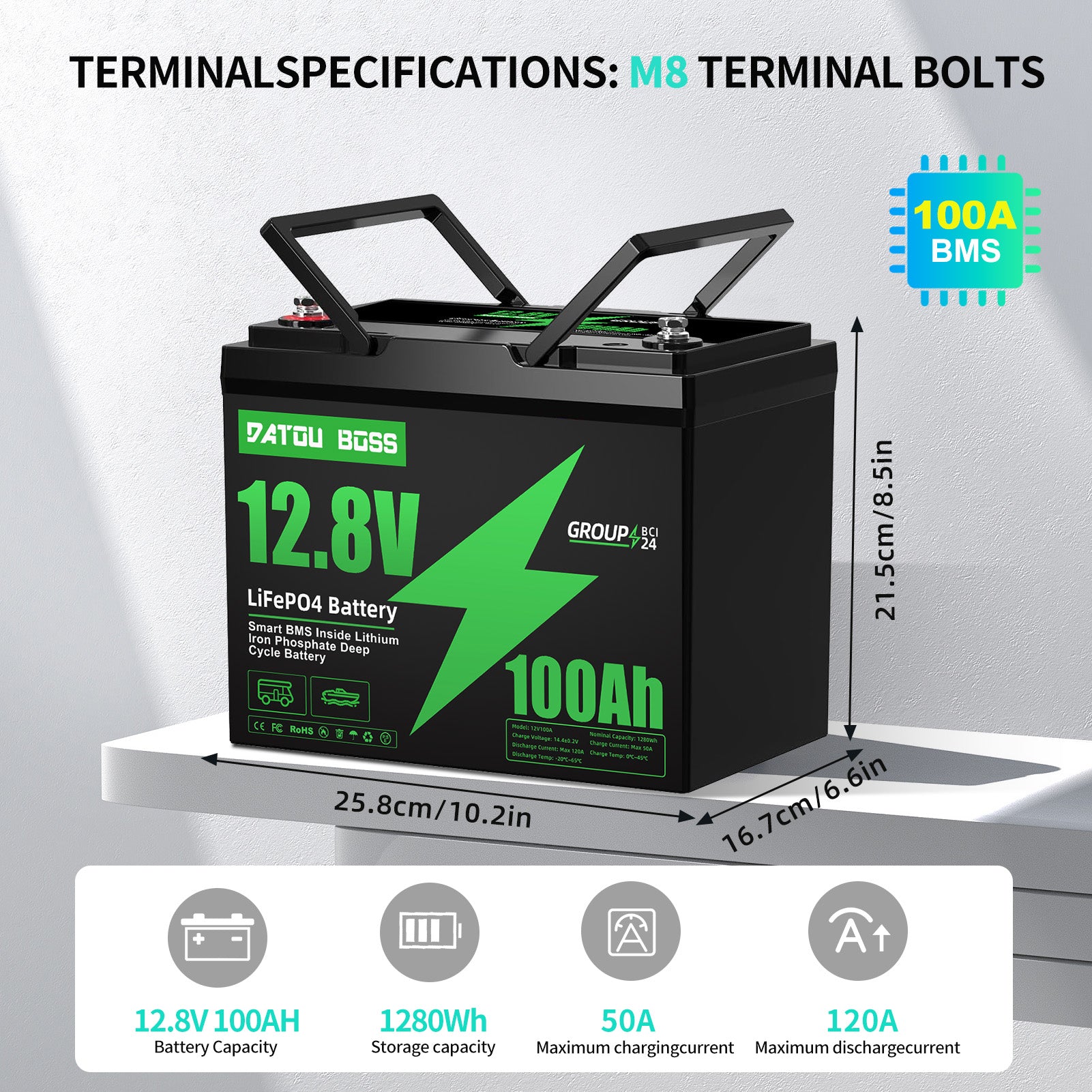 DATOUBOSS 12V 100Ah Lithium LiFePO4 Battery with 100A BMS Deep Cycle Battery for Car Home Solar System