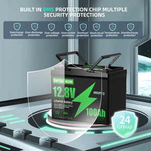 DATOUBOSS Group 24 LiFePO4 battery 12V 100Ah with smart BMS protection chip for reliable solar power