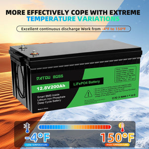 DATOUBOSS 12V 200Ah LiFePO4 battery works in extreme temperatures from -4°F to 150°F for reliable outdoor power