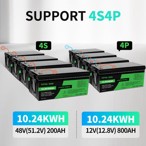 DATOUBOSS 12.8V 200Ah LiFePO4 battery 4S4P connection for 51.2V 200Ah or 12.8V 800Ah 10.24KWh system