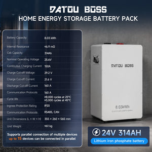 DATOUBOSS 24V 314Ah LiFePO4 Battery, 8kWh Solar Energy Storage System with 150A BMS, Metal Case for Home Energy Storage, Solar, RV & Off-Grid Backup Power - DATOUBOSSSPB12D24314A01