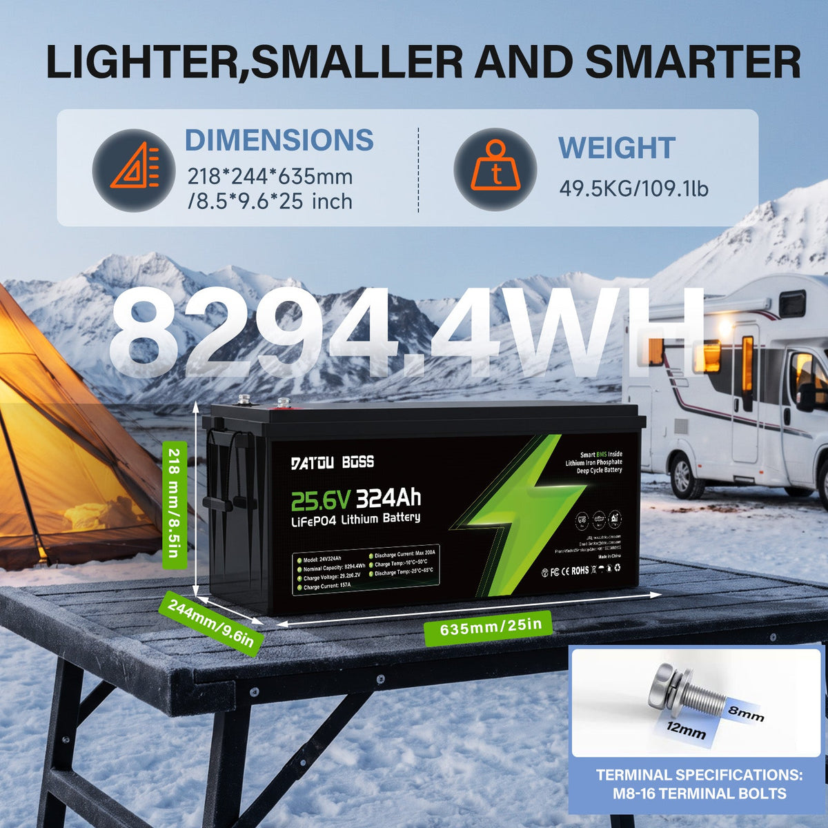 DATOUBOSS 24V 324Ah LiFePO4 Battery | 200A Smart BMS | Bluetooth & Low-Temp Protection | 15000 Cycles for RV, Solar - DATOUBOSSSP-DT-24324-A01-EU