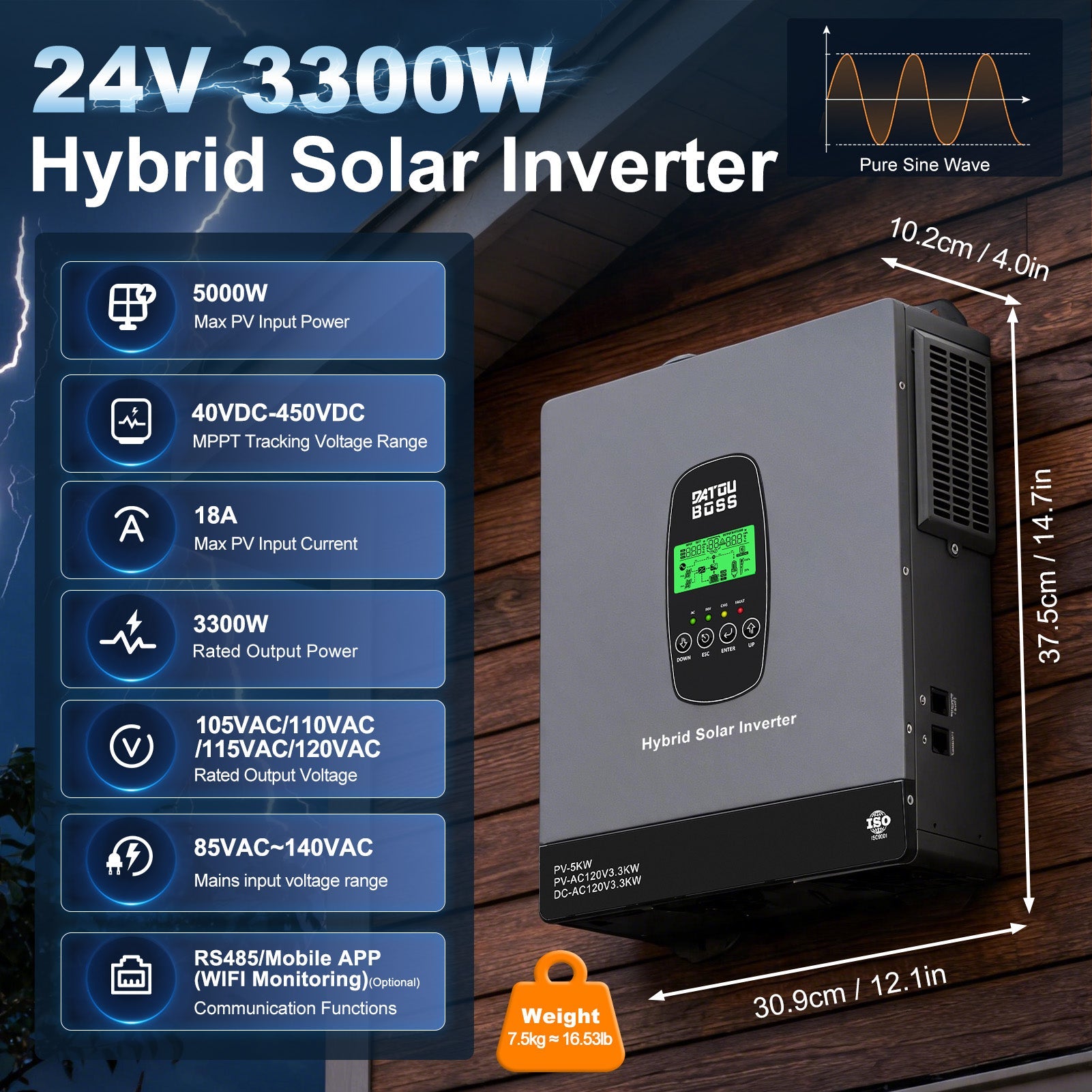 DATOUBOSS 3300W Hybrid Inverter 24V, Hybrid Solar Inverter On Grid, Supports Battery-Free Operation, 24V DC to 120V AC, BMS Protection System, with 150A MPPT for 24V Batteries - DATOUBOSSSP-B17-DT-2433U-A