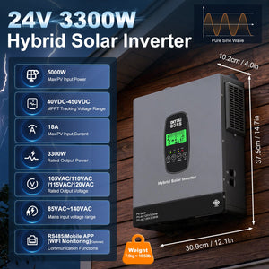 DATOUBOSS 3300W Hybrid Inverter 24V, Hybrid Solar Inverter On Grid, Supports Battery-Free Operation, 24V DC to 120V AC, BMS Protection System, with 150A MPPT for 24V Batteries - DATOUBOSSSP-B17-DT-2433U-A