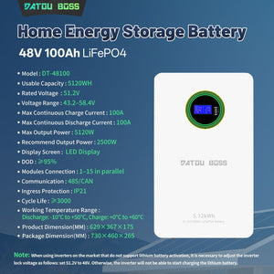 DATOUBOSS 51.2V 100Ah LiFePO4 Battery, 5.12kWh, 100A BMS , Wall - Mounted ,for Solar Home RV Energy Storage - DATOUBOSS Rechargeable Lifepo4 Batteries Voltage Converters InverterSP-DT-48100BG-A-EU