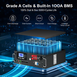 DATOUBOSS 51.2V 100Ah Rack Mount LiFePO4 Battery 5.12kWh GradeA+Cells Built-in BMS CAN/RS485 Communication with APP Bluetoooth for DIY RV Car Solar Home System - DATOUBOSS Rechargeable Lifepo4 Batteries Voltage Converters InverterSPB06D3UZ48100A01
