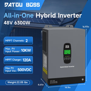 DATOUBOSS 6300W 48V Hybrid Solar Inverter, Dual MPPT 10kW PV Input, 120A High-Current Charging, Off‑Grid/Grid‑Tied/UPS 3‑in‑1, Supports Battery‑Free Operation, with HD LCD Display & Filter, Backup Power for Home/RV/Yacht/Agriculture - DATOUBOSSSP-B17-DT-4863U-A