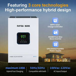 DATOUBOSS hybrid inverter, 48V to 110V, 5500W, supports off - grid, grid - connected, and hybrid modes, 50Hz/60Hz, AC 100V - 120V adjustable output voltage, MPPT controller, photovoltaic charging current up to 120A, suitable for solar power generation - DATOUBOSS Rechargeable Lifepo4 Batteries Voltage Converters InverterSP-DT-4855U-A-US