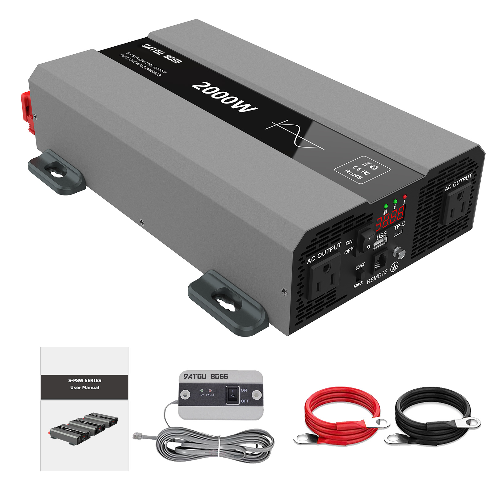DATOUBOSS 2000W Pure Sine Wave Inverter, Car Power Inverter 12V to 120V AC Converter for RV, Truck, Solar, OutdoorL, Home with Dual AC and 20A Socket, 5V 2.1A USB, PD, Peak Surge 4000W, Remote Controller