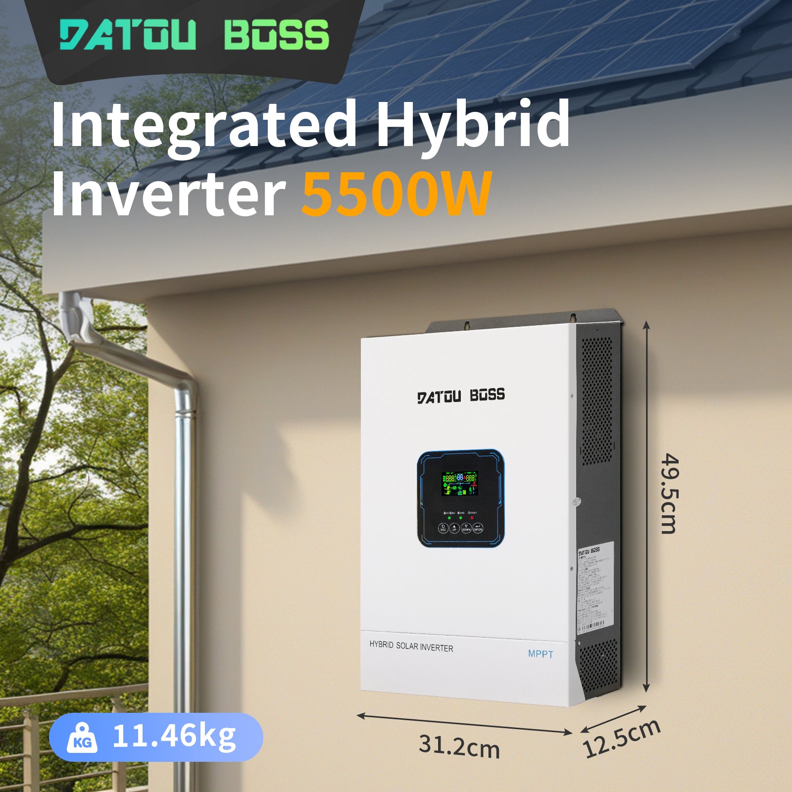 DATOUBOSS hybrid inverter, 48V to 110V, 5500W, supports off-grid, grid-connected, and hybrid modes, 50Hz/60Hz, AC 100V-120V adjustable output voltage, MPPT controller, photovoltaic charging current up to 120A, suitable for solar power generation
