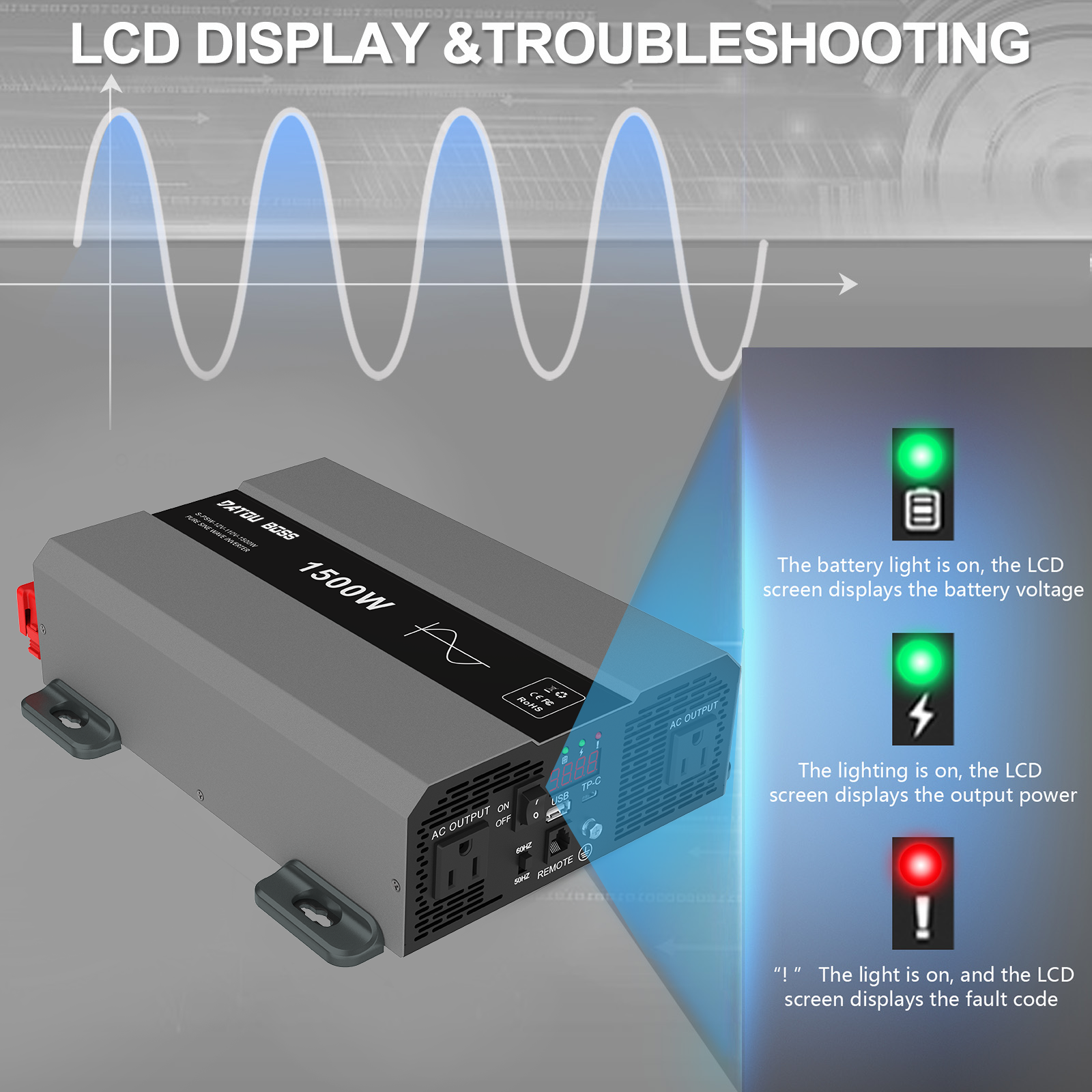 DATOUBOSS Pure Sine Wave Inverter 1500W Power 12V DC to 110V 120V AC Converter 3000W Peak Power Inverter with Dual AC Outlets USB Port Type-C Remote Control LCD Display for Truck RV Vehicles Solar