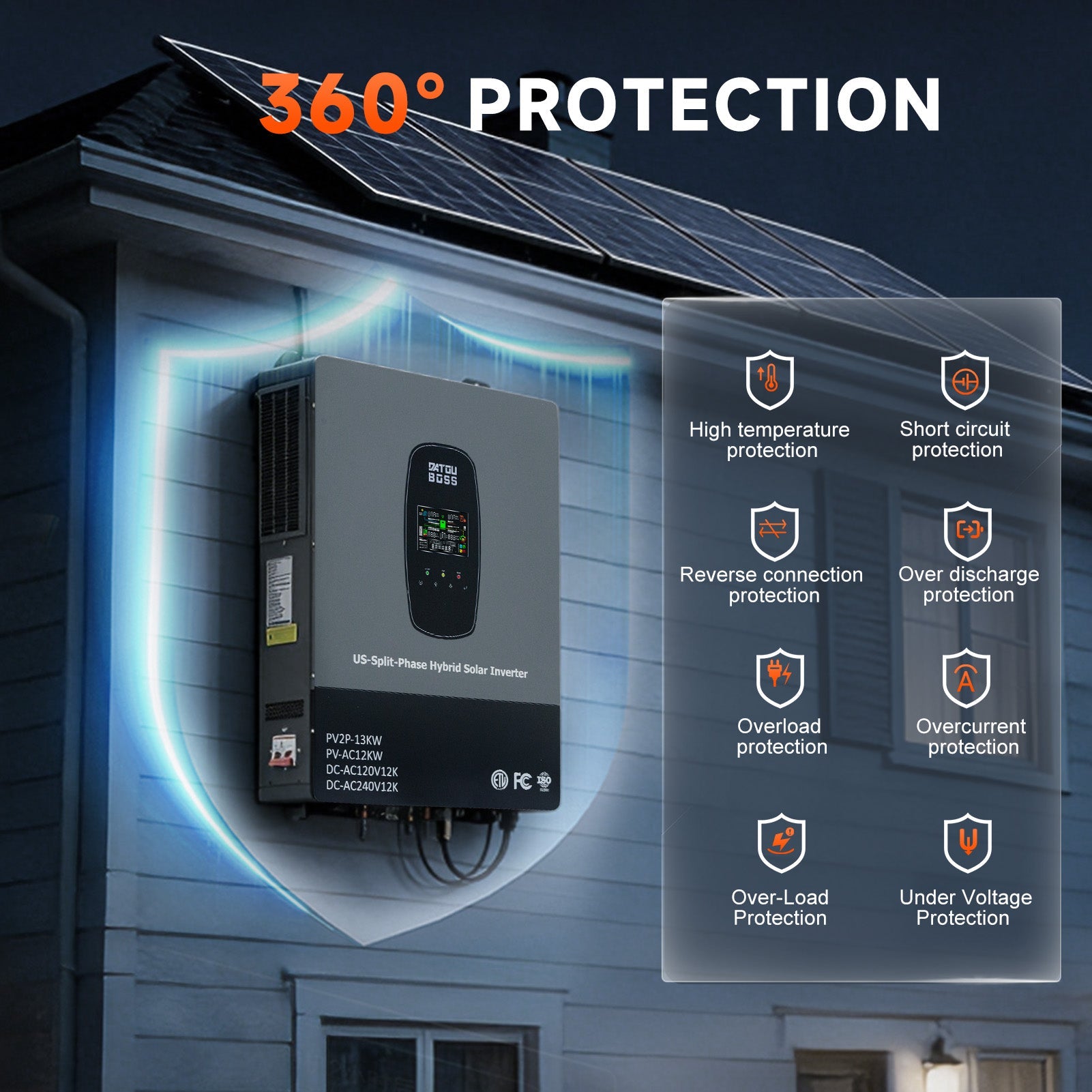 DATOUBOSS 12KW 48V Hybrid Inverter,Single Phase 120V & Split Phase 240V Output, Suitable for Residential, Commercial, and Off - Grid Solar Systems - DATOUBOSS Rechargeable Lifepo4 Batteries Voltage Converters InverterSP-DT-4812USP-A