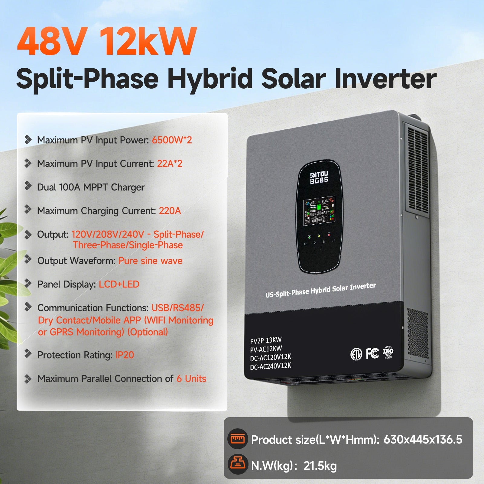 DATOUBOSS 12KW 48V Hybrid Inverter,Single Phase 120V & Split Phase 240V Output, Suitable for Residential, Commercial, and Off - Grid Solar Systems - DATOUBOSS Rechargeable Lifepo4 Batteries Voltage Converters InverterSP-DT-4812USP-A