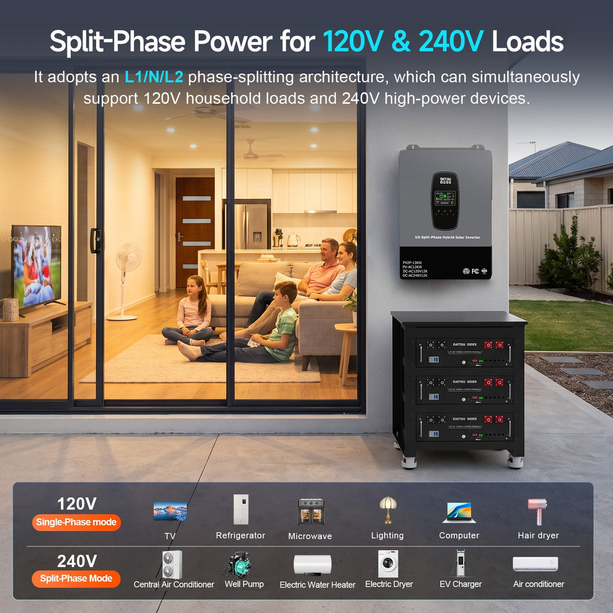 DATOUBOSS 12kW 48V Split Phase Hybrid Solar Inverter, 120V/240V Output, Dual MPPT 22A×2, 220A Charger, 6 Parallel & 3-Phase Support for Home & Commercial Use - DATOUBOSSSP-B17-DT-4812USP-WF-A