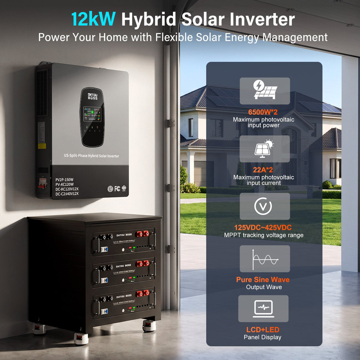 DATOUBOSS 12kW 48V Split Phase Hybrid Solar Inverter, 120V/240V Output, Dual MPPT 22A×2, 220A Charger, 6 Parallel & 3-Phase Support for Home & Commercial Use - DATOUBOSSSP-B17-DT-4812USP-WF-A