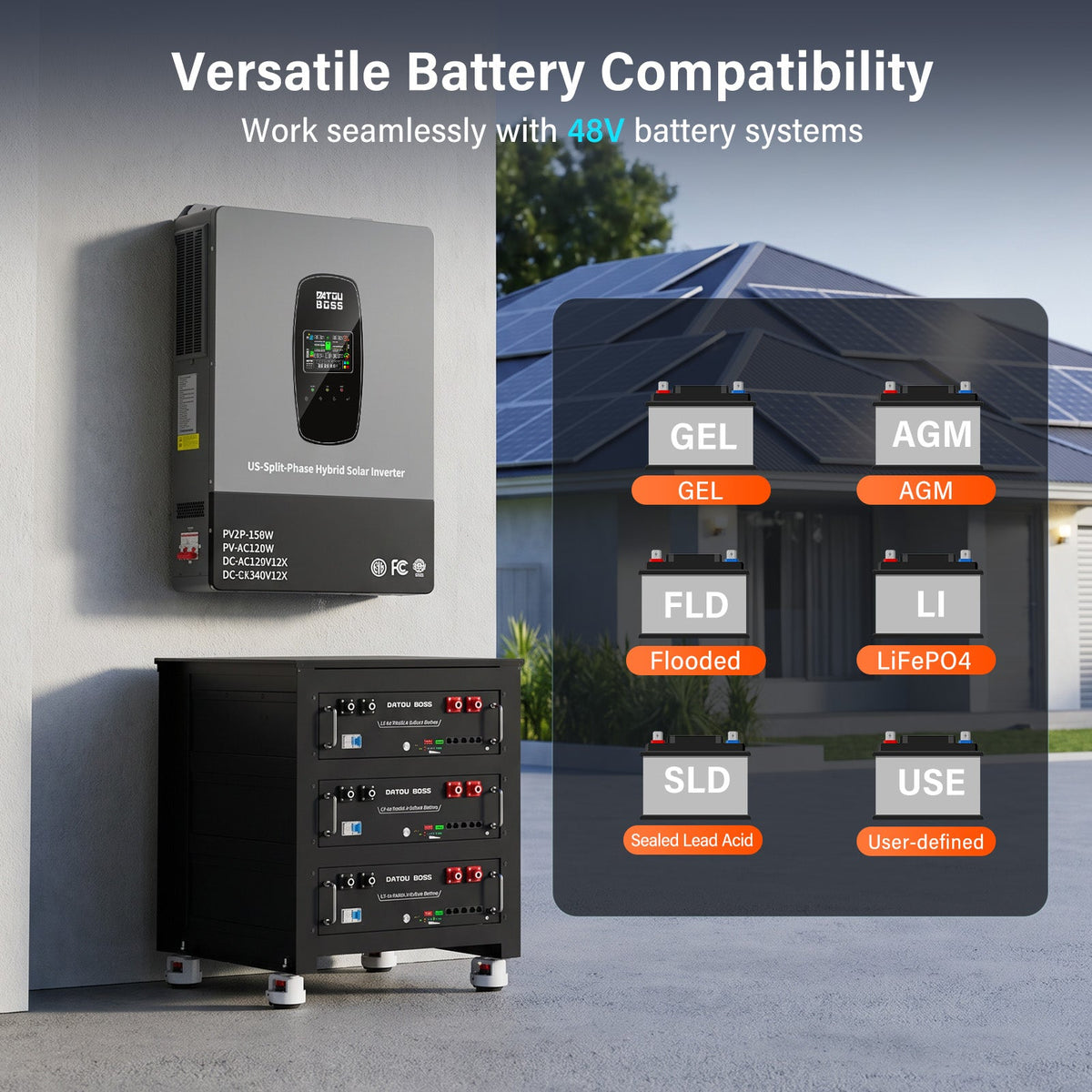DATOUBOSS 12kW 48V Split Phase Hybrid Solar Inverter, 120V/240V Output, Dual MPPT 22A×2, 220A Charger, 6 Parallel & 3-Phase Support for Home & Commercial Use - DATOUBOSSSP-B17-DT-4812USP-WF-A