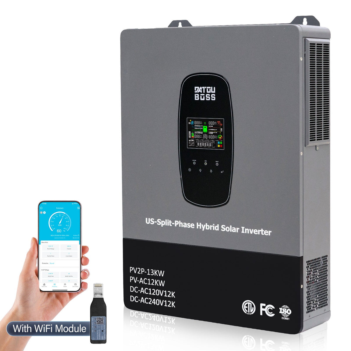 DATOUBOSS 12kW 48V Split Phase Hybrid Solar Inverter, 120V/240V Output, Dual MPPT 22A×2, 220A Charger, 6 Parallel & 3-Phase Support for Home & Commercial Use - DATOUBOSSSP-B17-DT-4812USP-WF-A
