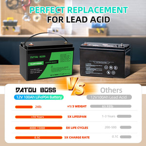 DATOUBOSS LiFePO4 battery vs lead acid: 1/3 weight, 5X lifespan, and 8X more cycles for RV solar