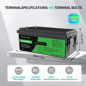 DATOUBOSS 12.8V 200Ah LiFePO4 battery dimensions 20x11x9in, with M8 terminal bolts and 200A BMS