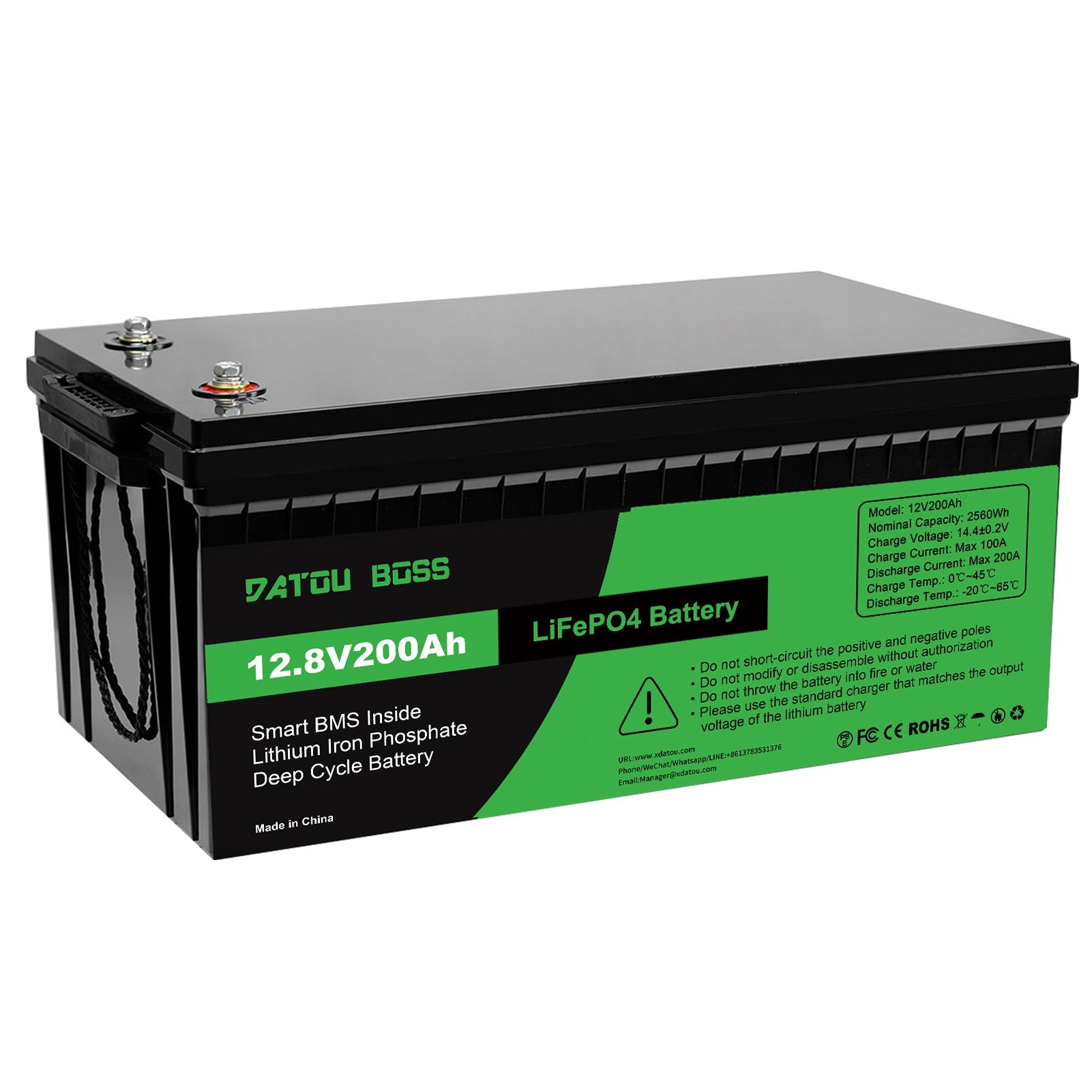 DATOUBOSS 12.8V 200Ah LiFePO4 Lithium battery with Smart BMS, deep cycle rechargeable battery for RV and Solar
