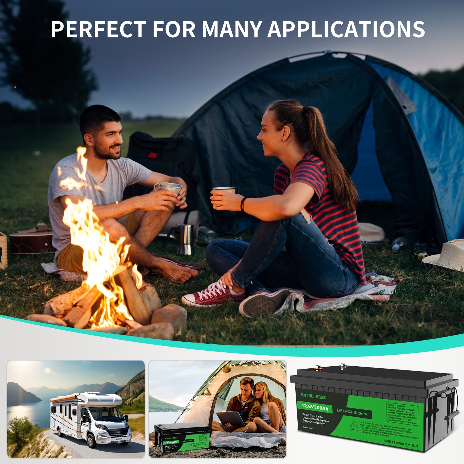 DATOUBOSS RV storage battery 12V 300Ah 3840Wh for camper off grid power system