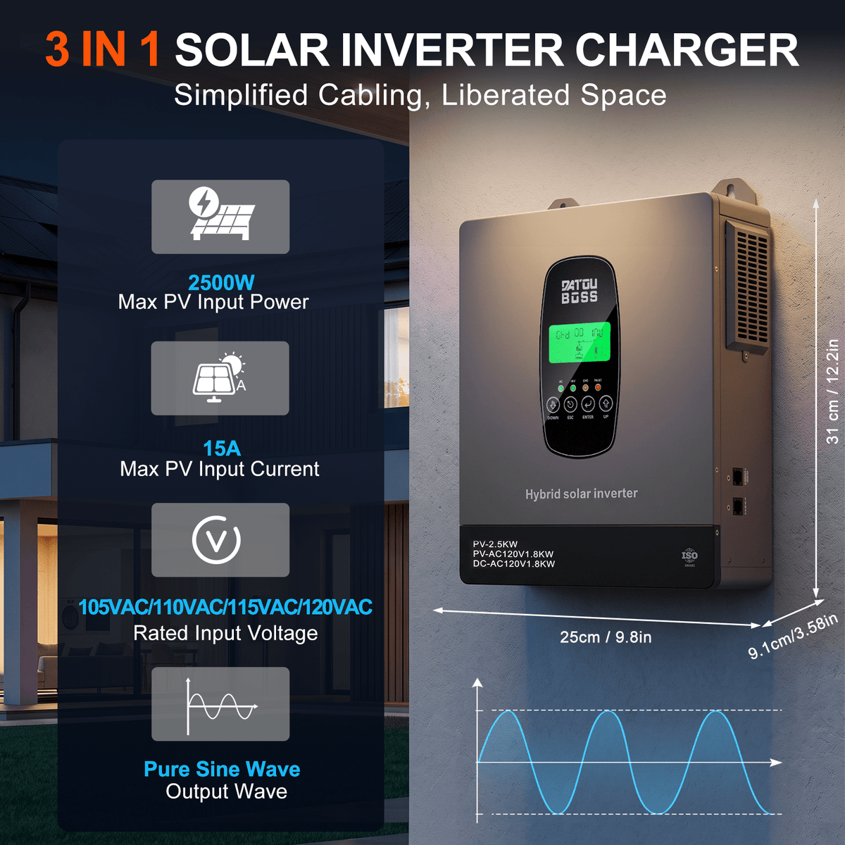 DATOUBOSS 1800W 12V Hybrid Solar Inverter, 110/120V AC Output, 150A MPPT, Battery-Free Solar Inverter with BMS Protection for RV & Home Backup(Compatible with WiFi 06) - DATOUBOSSSP-B17-DT-1218U-A-US