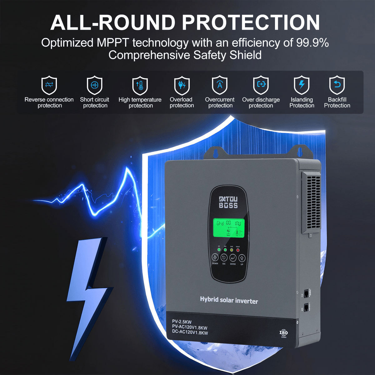 DATOUBOSS 1800W 12V Hybrid Solar Inverter, 110/120V AC Output, 150A MPPT, Battery-Free Solar Inverter with BMS Protection for RV & Home Backup(Compatible with WiFi 06) - DATOUBOSSSP-B17-DT-1218U-A-US
