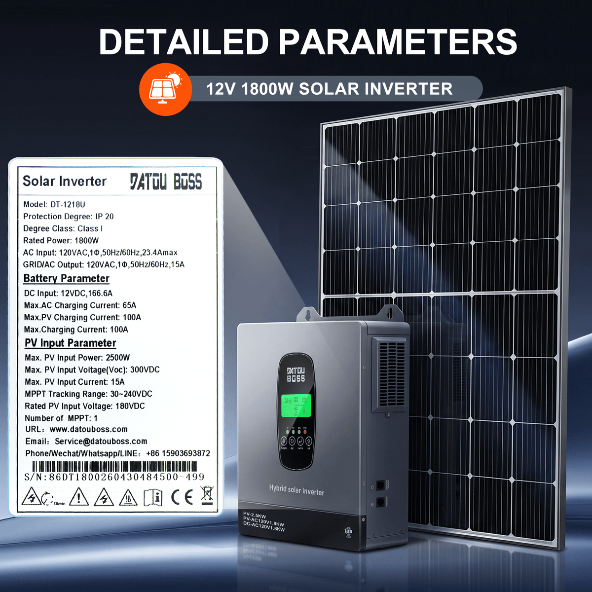DATOUBOSS 1800W 12V Hybrid Solar Inverter, 110/120V AC Output, 150A MPPT, Battery-Free Solar Inverter with BMS Protection for RV & Home Backup(Compatible with WiFi 06) - DATOUBOSSSP-B17-DT-1218U-A-US
