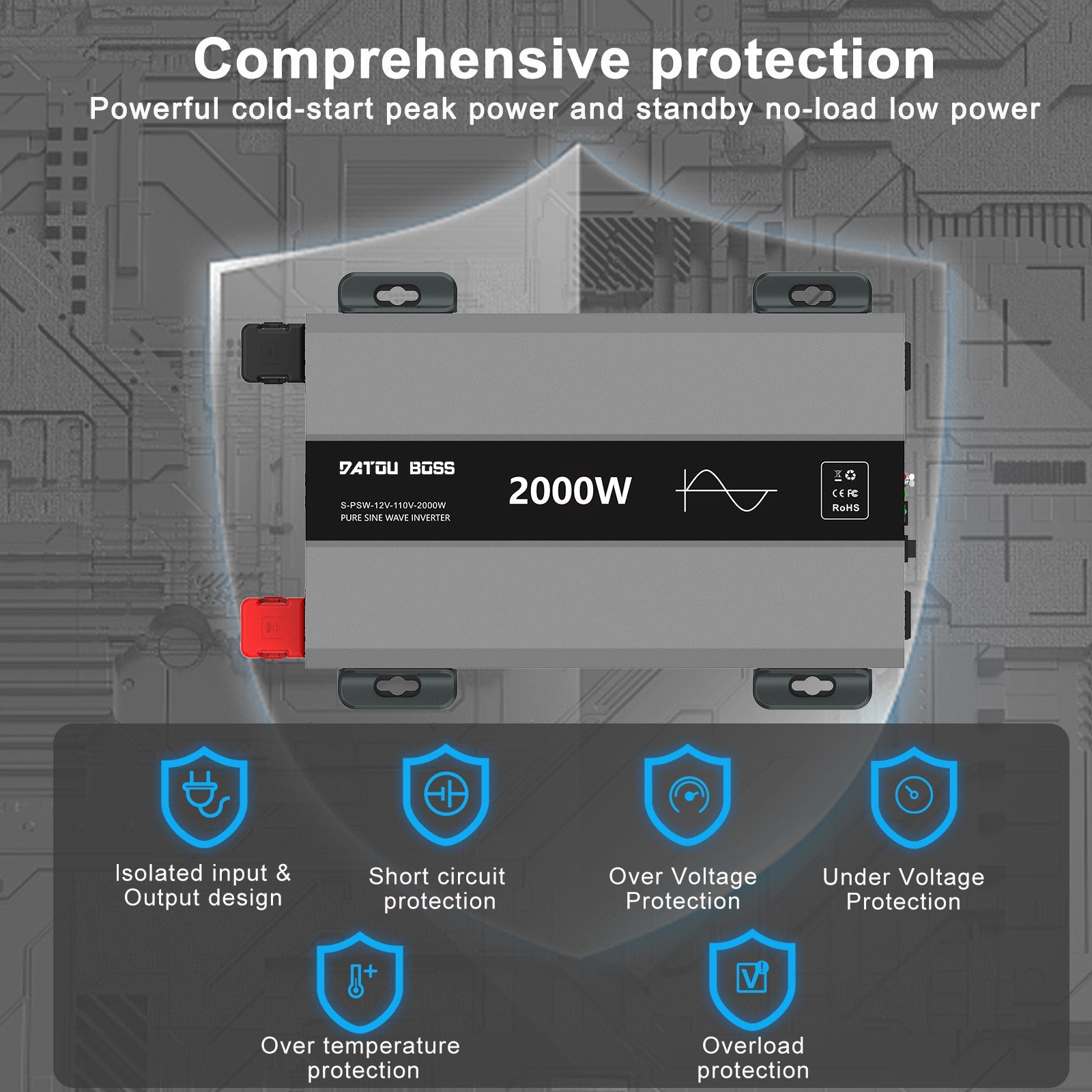 DATOUBOSS 2000W Pure Sine Wave Inverter, Car Power Inverter 12V to 120V AC Converter for RV, Truck, Solar, OutdoorL, Home with Dual AC and 20A Socket, 5V 2.1A USB, PD, Peak Surge 4000W, Remote Controller - DATOUBOSS Rechargeable Lifepo4 Batteries Voltage Converters InverterSP-DT-SAK2000W-12V-A-US