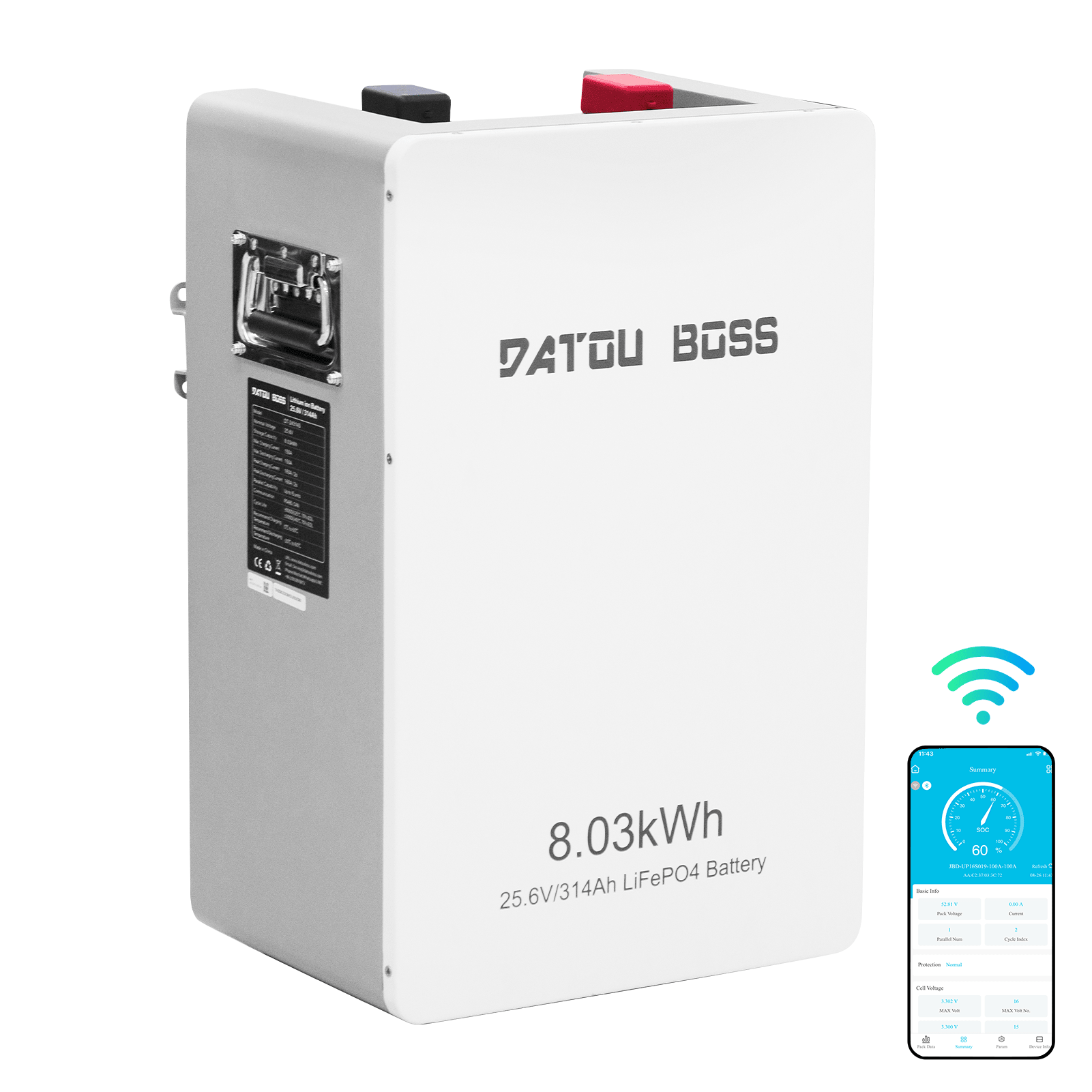 DATOUBOSS 24V 314Ah LiFePO4 Solar Battery, 8kWh Energy Storage with 150A BMS & Mobile Bluetooth Control for Home & Off-Grid Systems - DATOUBOSSSPB12D24314A01US