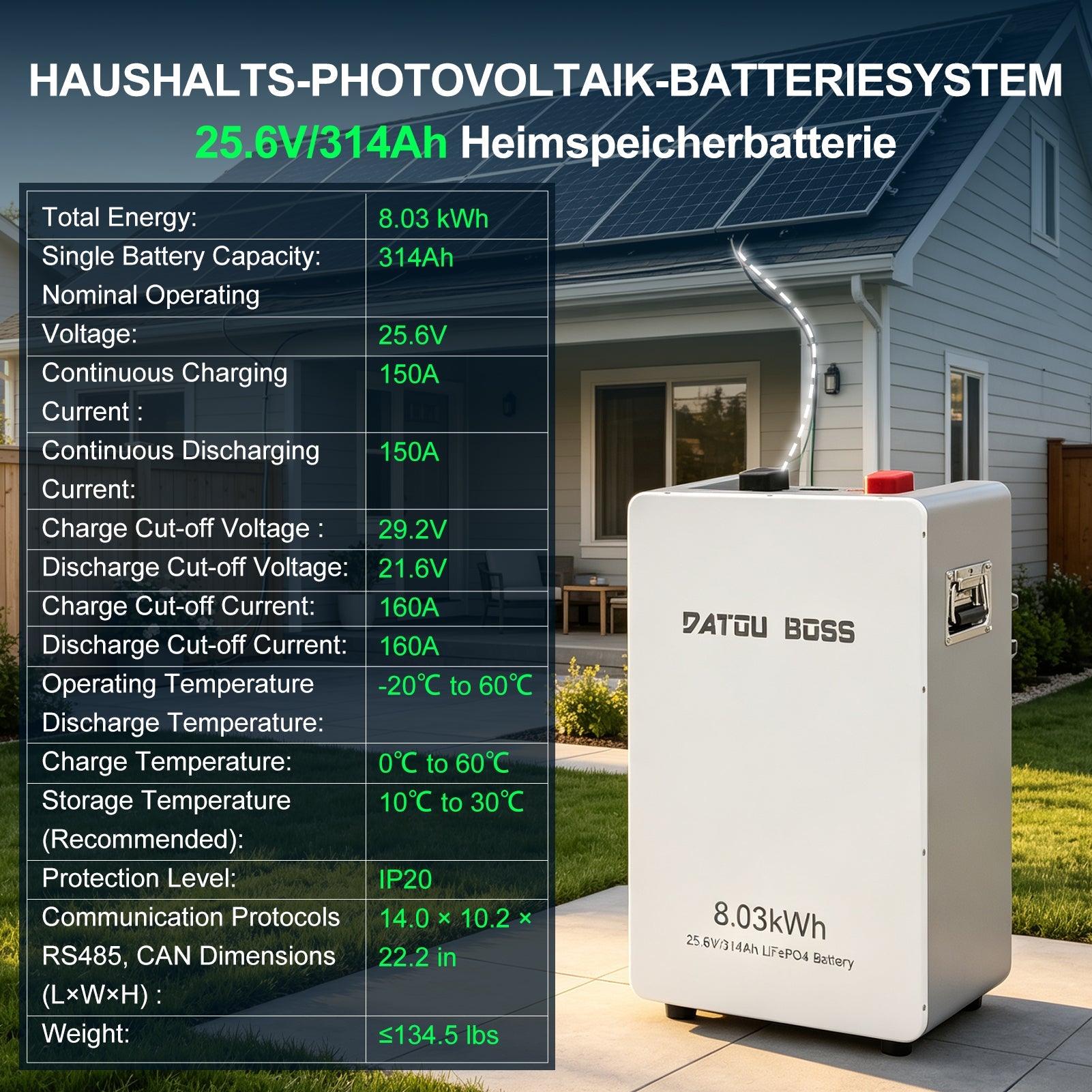 DATOUBOSS 24V 314Ah LiFePO4 Solar Battery, 8kWh Energy Storage with 150A BMS & Mobile Bluetooth Control for Home & Off-Grid Systems - DATOUBOSSSPB12D24314A01US