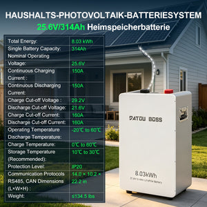 DATOUBOSS 24V 314Ah LiFePO4 Solar Battery, 8kWh Energy Storage with 150A BMS & Mobile Bluetooth Control for Home & Off-Grid Systems - DATOUBOSSSPB12D24314A01US