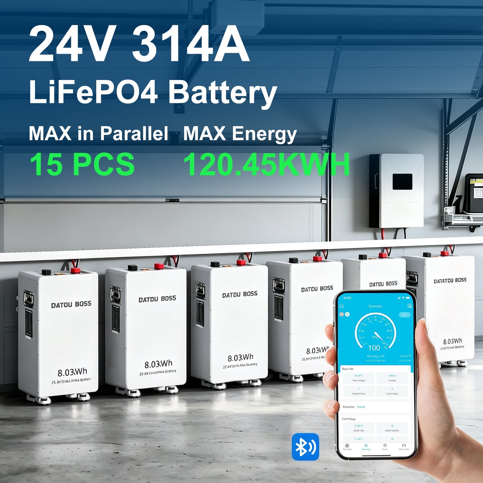 DATOUBOSS 24V 314Ah LiFePO4 Solar Battery, 8kWh Energy Storage with 150A BMS & Mobile Bluetooth Control for Home & Off-Grid Systems - DATOUBOSSSPB12D24314A01US