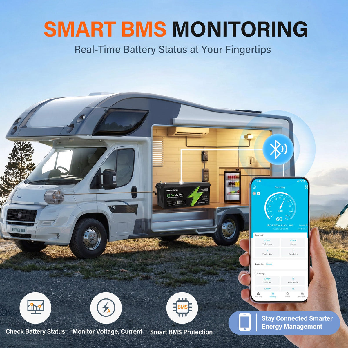 DATOUBOSS 24V 324Ah LiFePO4 Battery | 200A Smart BMS | Bluetooth & Low-Temp Protection | 15000 Cycles for RV, Solar - DATOUBOSSSP-DT-24324-A01-EU