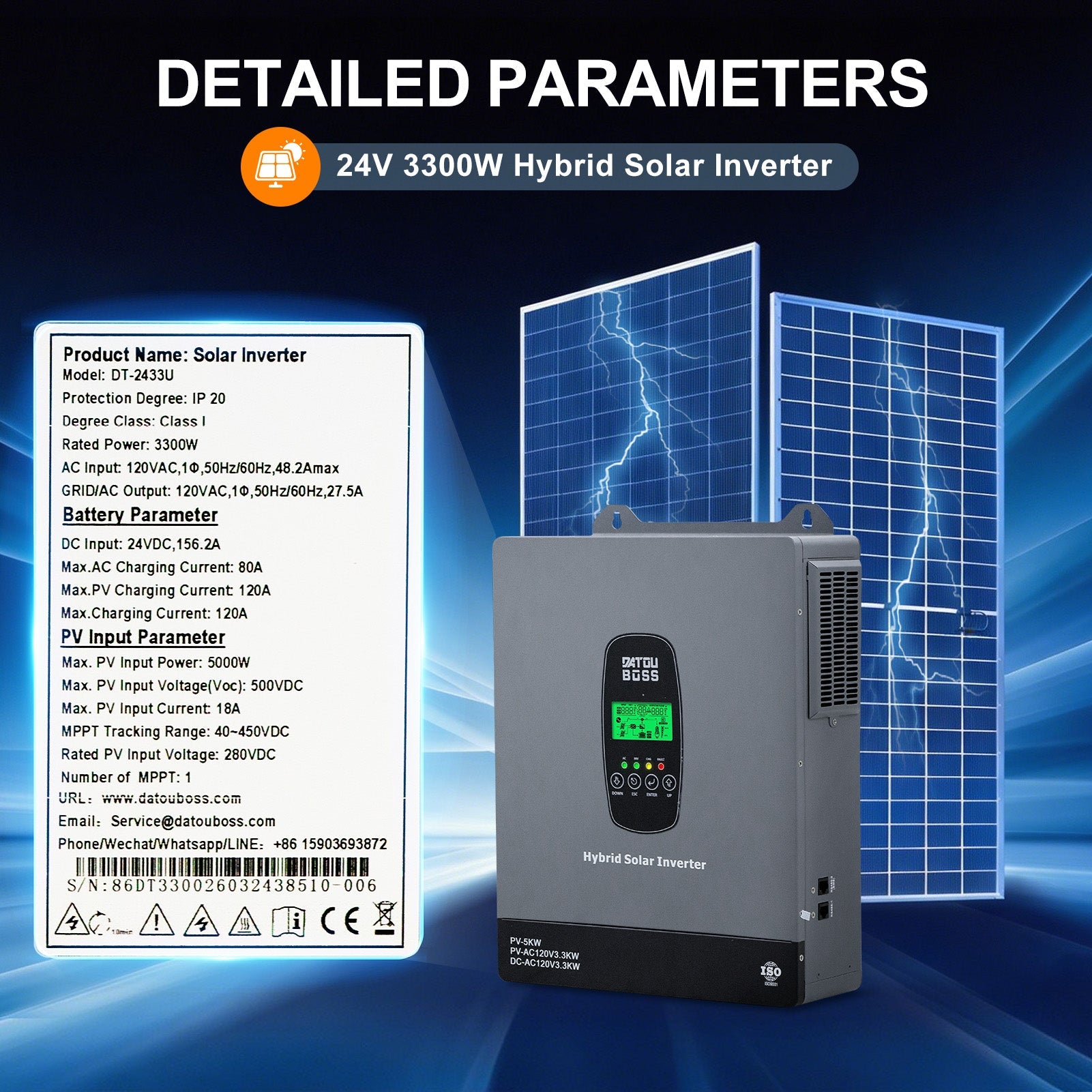 DATOUBOSS 3300W Hybrid Inverter 24V, Hybrid Solar Inverter On Grid, Supports Battery-Free Operation, 24V DC to 120V AC, BMS Protection System, with 150A MPPT for 24V Batteries - DATOUBOSSSP-B17-DT-2433U-A