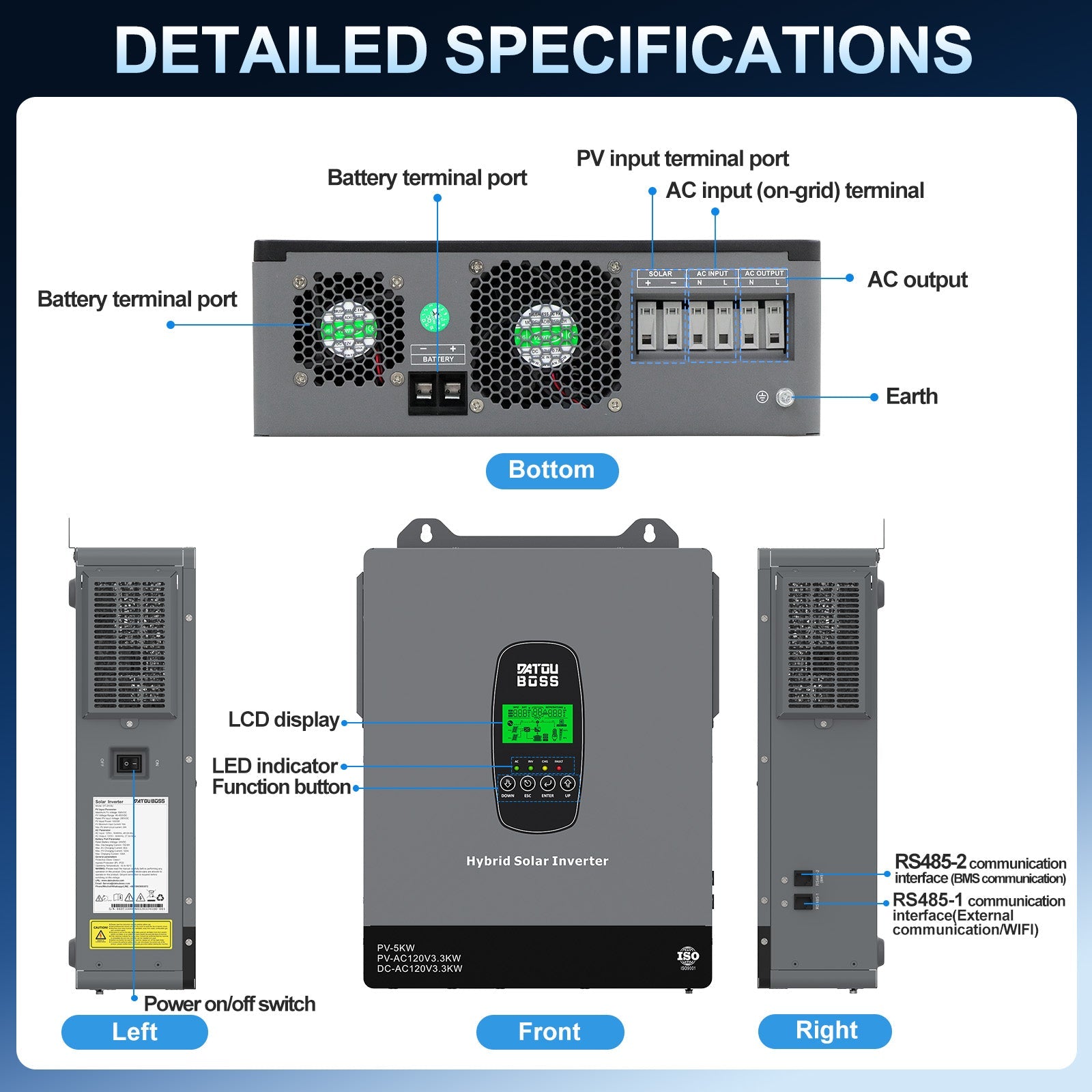 DATOUBOSS 3300W Hybrid Inverter 24V, Hybrid Solar Inverter On Grid, Supports Battery-Free Operation, 24V DC to 120V AC, BMS Protection System, with 150A MPPT for 24V Batteries - DATOUBOSSSP-B17-DT-2433U-A