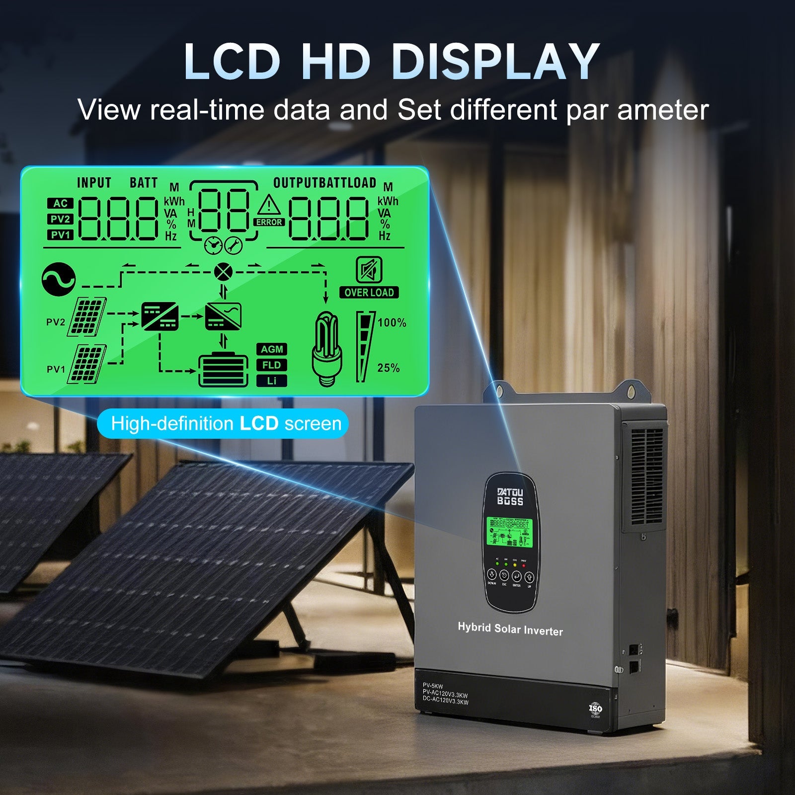DATOUBOSS 3300W Hybrid Inverter 24V, Hybrid Solar Inverter On Grid, Supports Battery-Free Operation, 24V DC to 120V AC, BMS Protection System, with 150A MPPT for 24V Batteries - DATOUBOSSSP-B17-DT-2433U-A