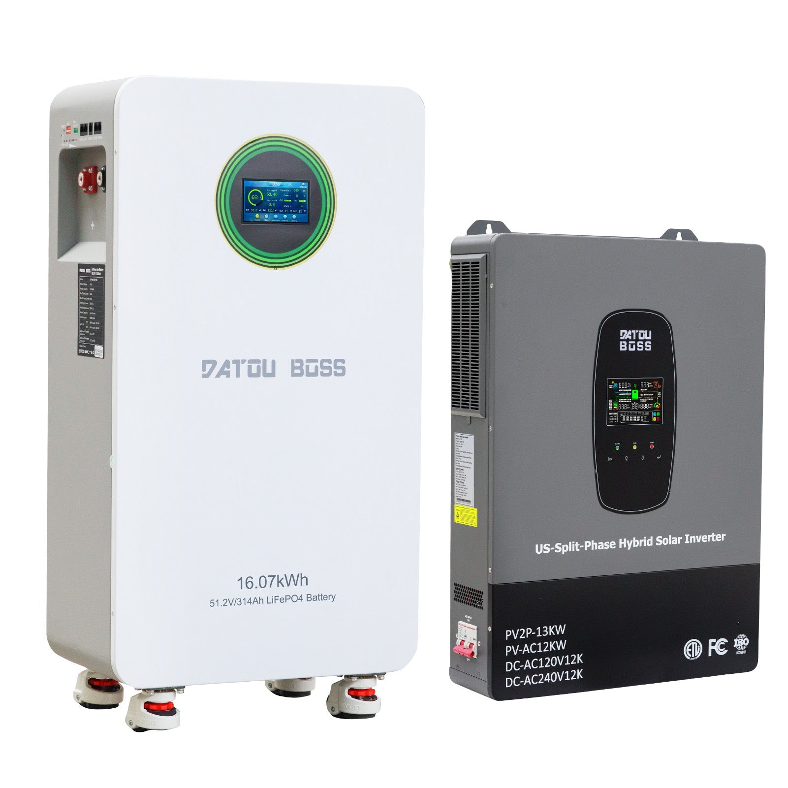 DATOUBOSS 48V 314Ah LiFePO4 Battery 16kWh + 12KW 48V Hybrid Inverter, 210A BMS, Single Phase 120V & Split Phase 240V Output, Metal Case & Wheels, for Home Backup, Residential, Commercial & Off-Grid Solar Systems - DATOUBOSSSP-DT-48314-4812USP-A