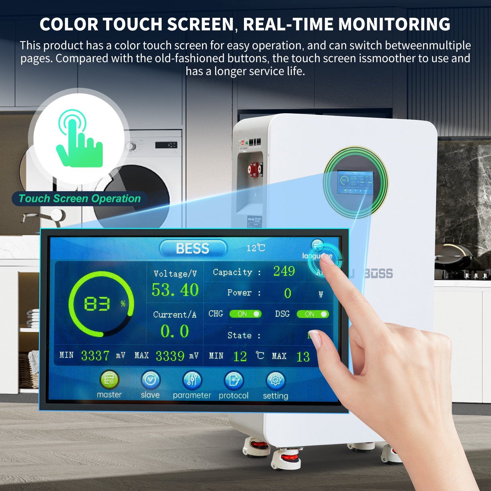 DATOUBOSS smart touch screen displays real-time voltage, current, capacity, and temperature for battery monitoring