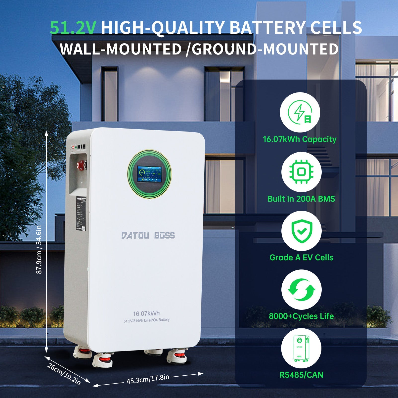 DATOUBOSS energy storage system uses Grade A EV cells with 8000+ cycles life and RS485/CAN support