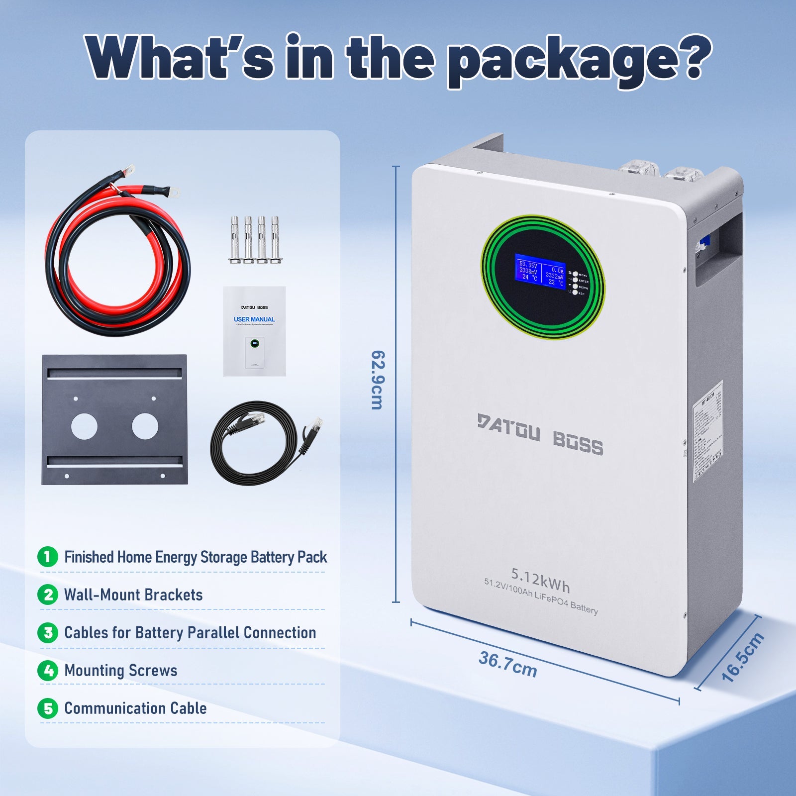 DATOUBOSS 51.2V 100Ah LiFePO4 Battery, 5.12kWh, 100A BMS , Wall - Mounted ,for Solar Home RV Energy Storage - DATOUBOSS Rechargeable Lifepo4 Batteries Voltage Converters InverterSP-DT-48100BG-A-EU