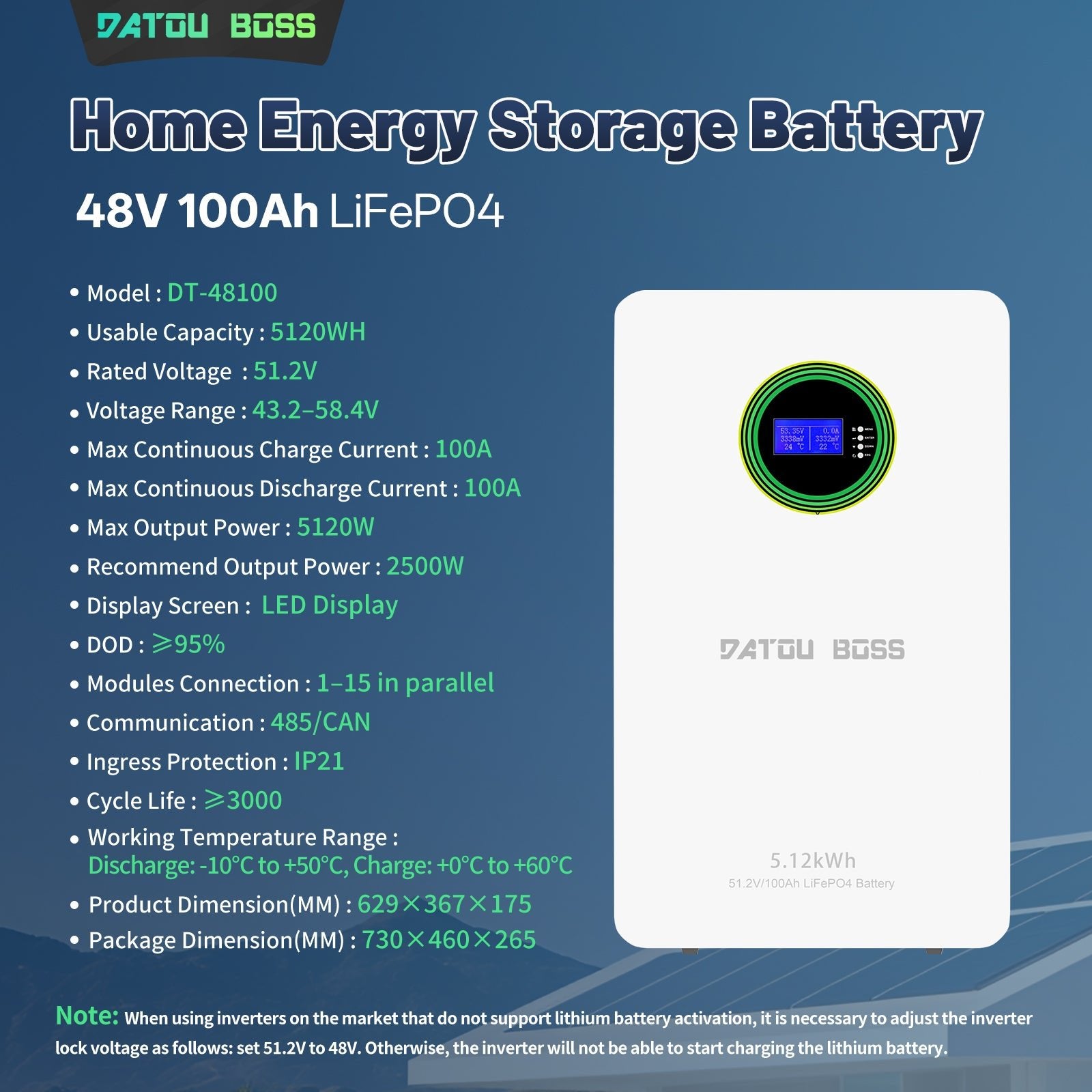 DATOUBOSS 51.2V 100Ah LiFePO4 Battery, 5.12kWh, 100A BMS , Wall - Mounted ,for Solar Home RV Energy Storage - DATOUBOSS Rechargeable Lifepo4 Batteries Voltage Converters InverterSP-DT-48100BG-A-EU