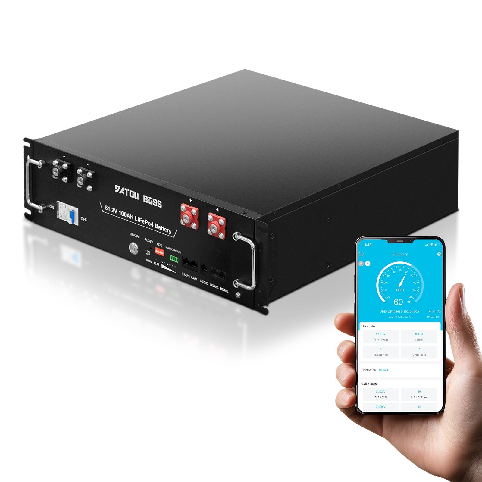 DATOUBOSS 51.2V 100Ah Rack Mount LiFePO4 Battery 5.12kWh GradeA+Cells Built - in BMS CAN/RS485 Communication with APP Bluetoooth - DATOUBOSS Rechargeable Lifepo4 Batteries Voltage Converters InverterSP-DT-3U-48100-A-UK