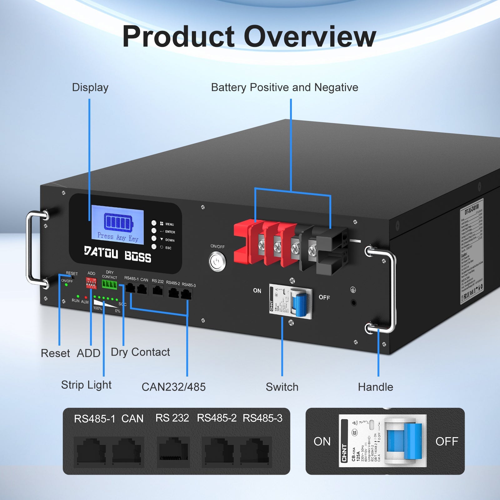 DATOUBOSS 51.2V 100Ah Rack Mount LiFePO4 Battery 5.12kWh GradeA+Cells Built-in BMS CAN/RS485 Communication with APP Bluetoooth for DIY RV Car Solar Home System - DATOUBOSS Rechargeable Lifepo4 Batteries Voltage Converters InverterSPB06D3UZ48100A01