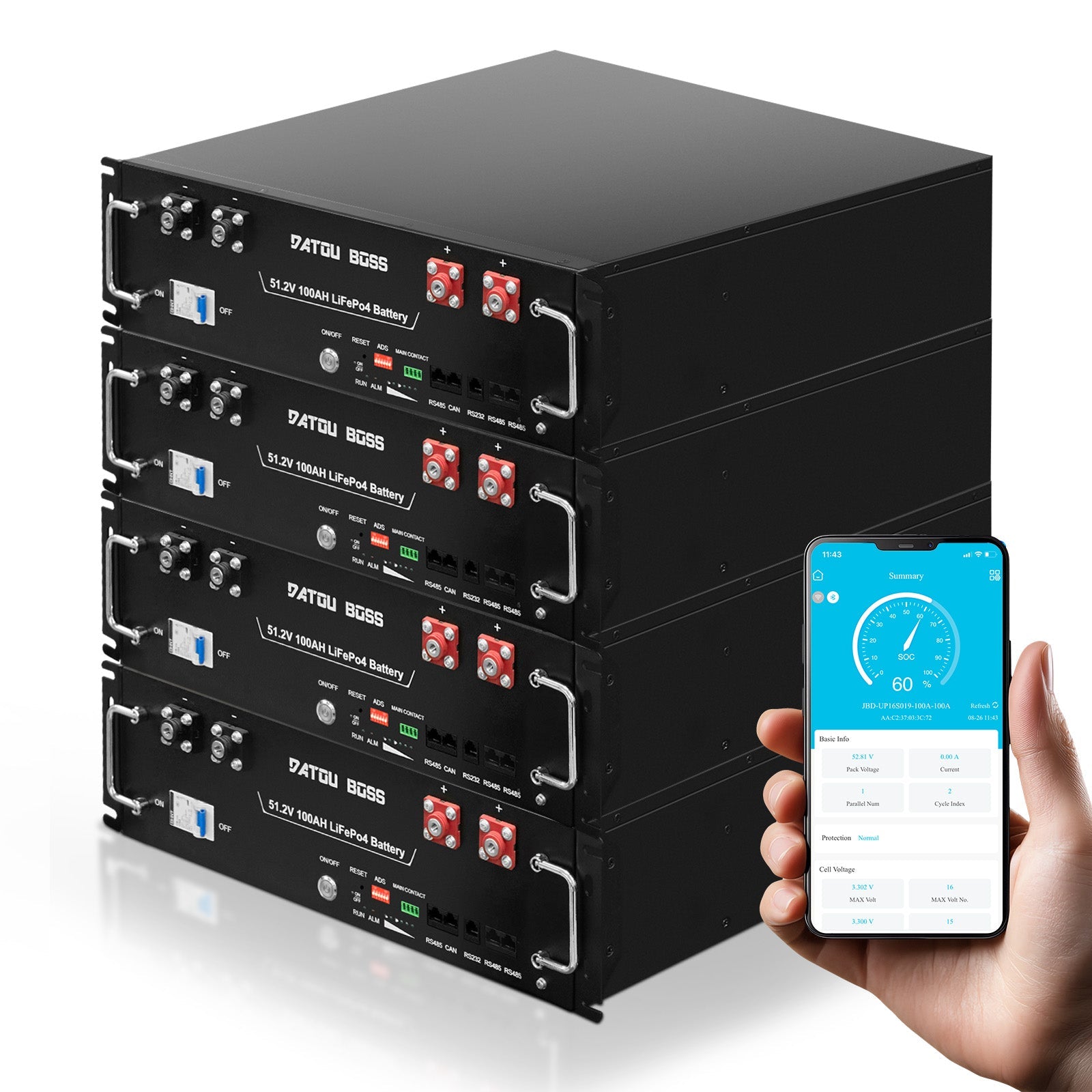 DATOUBOSS 51.2V 100Ah Rack Mount LiFePO4 Battery 5.12kWh GradeA+Cells Built - in BMS CAN/RS485 Communication with APP Bluetooothfor DIY RV Car Solar Home System - DATOUBOSS Rechargeable Lifepo4 Batteries Voltage Converters InverterSP-DT-3U-48100-A-EU-4
