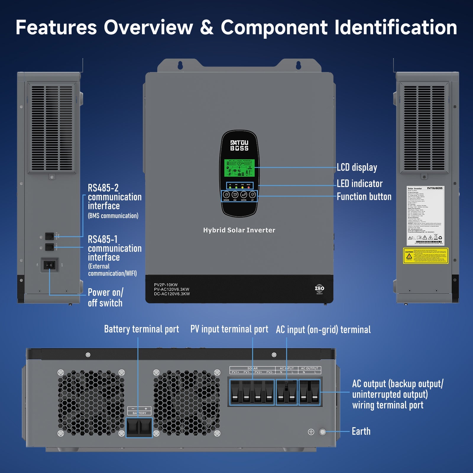 DATOUBOSS 6300W 48V Hybrid Solar Inverter, Dual MPPT 10kW PV Input, 120A High-Current Charging, Off‑Grid/Grid‑Tied/UPS 3‑in‑1, Supports Battery‑Free Operation, with HD LCD Display & Filter, Backup Power for Home/RV/Yacht/Agriculture - DATOUBOSSSP-B17-DT-4863U-A
