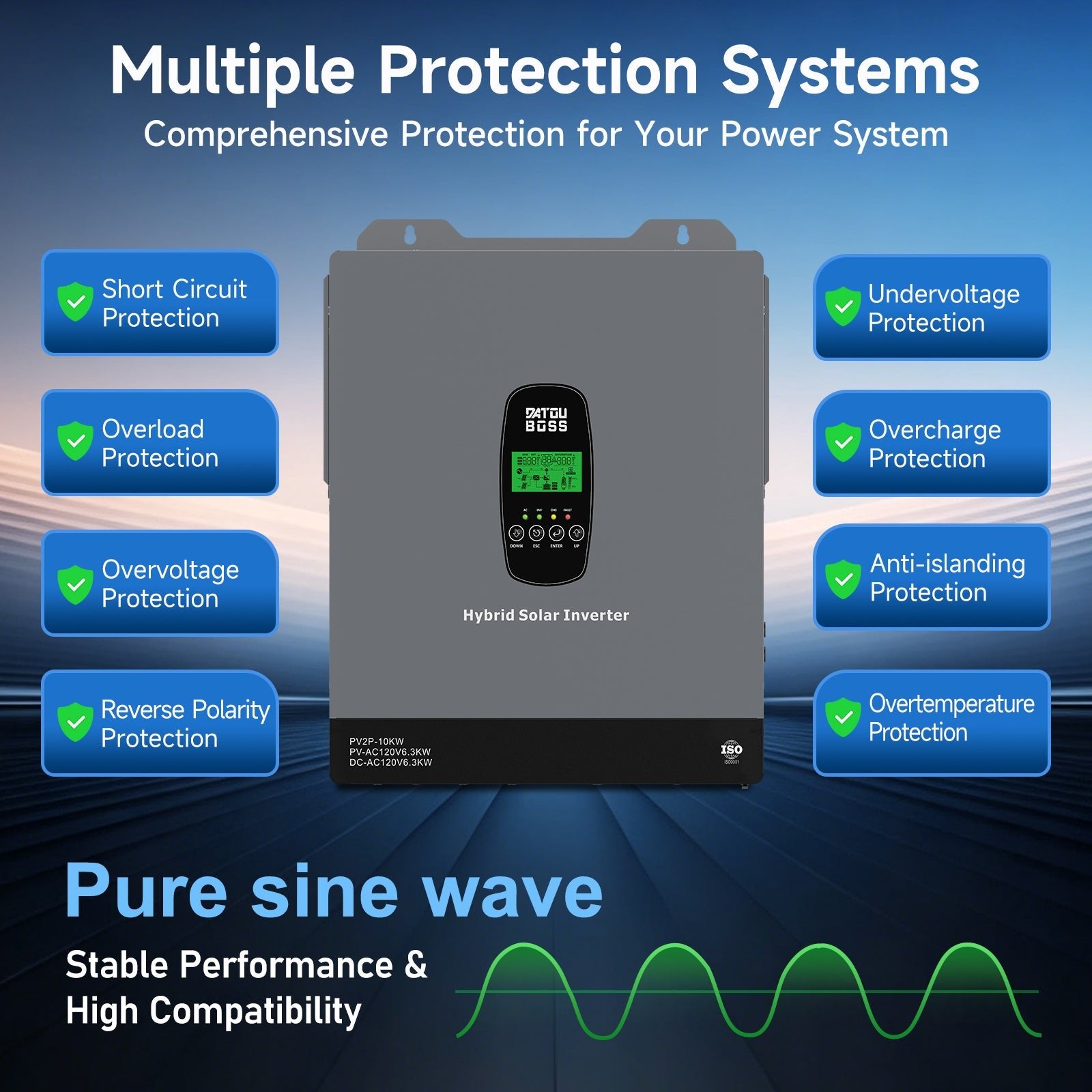 DATOUBOSS 6300W 48V Hybrid Solar Inverter, Dual MPPT 10kW PV Input, 120A High-Current Charging, Off‑Grid/Grid‑Tied/UPS 3‑in‑1, Supports Battery‑Free Operation, with HD LCD Display & Filter, Backup Power for Home/RV/Yacht/Agriculture - DATOUBOSSSP-B17-DT-4863U-A